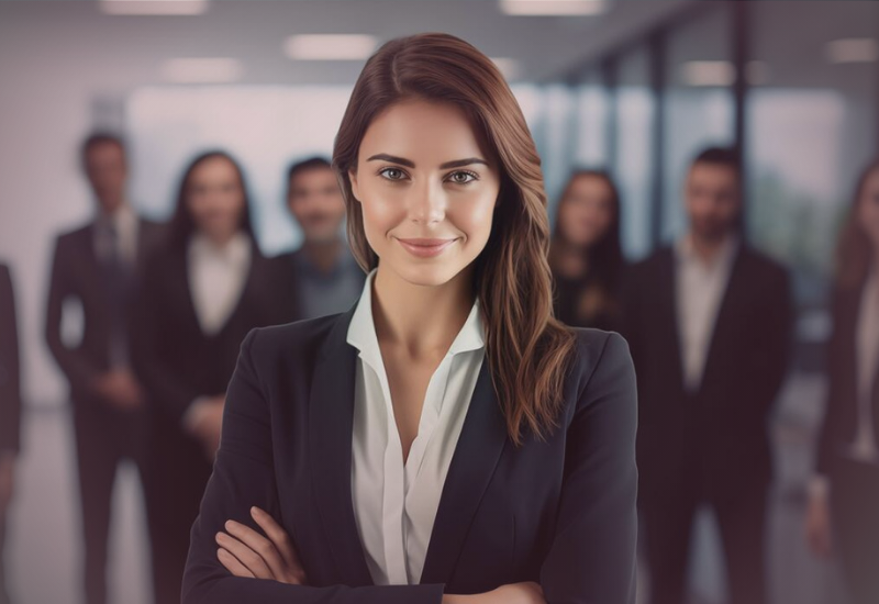 Líder corporativa caminhando com confiança enquanto sombras simbólicas representam hostilidade e manipulação