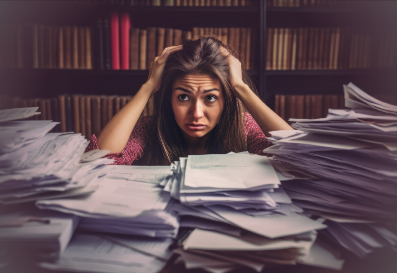 Mulher sentada olhando contas atrasadas com expressão de preocupação.