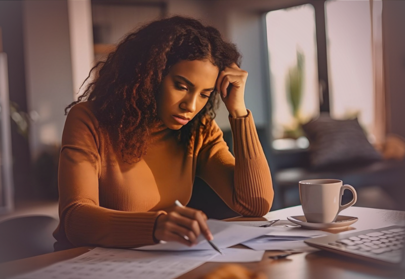 Mulher analisando contas e refletindo sobre dívida emocional e dificuldades financeiras.