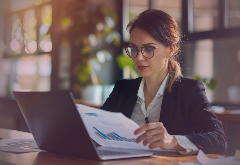 Empresária analisando dados e estruturando o crescimento do negócio no computador