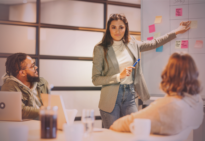 líder conduzindo reunião estratégica com equipe utilizando quadro de planejamento e organização de tarefas