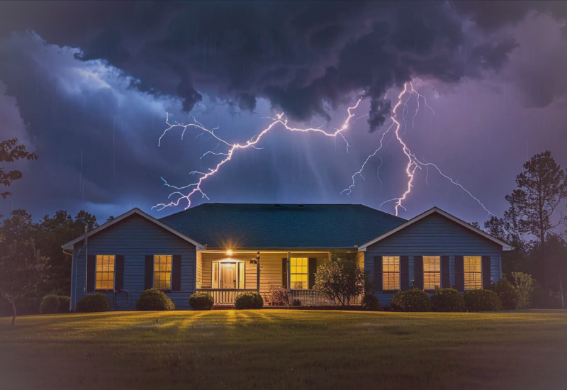 Casa iluminada durante uma forte tempestade, representando uma estrutura financeira preparada para enfrentar crises.