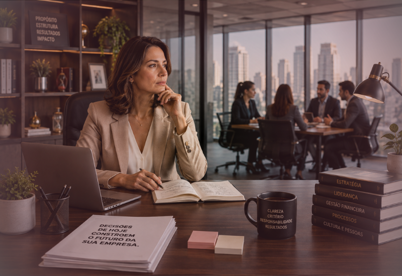 Líder refletindo sobre decisões e responsabilidades na gestão de uma empresa.
